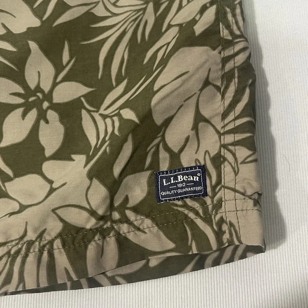 LL Bean - Mens Large Floral Green Hawaiian Swim Trunks Mesh Lined Drawstring